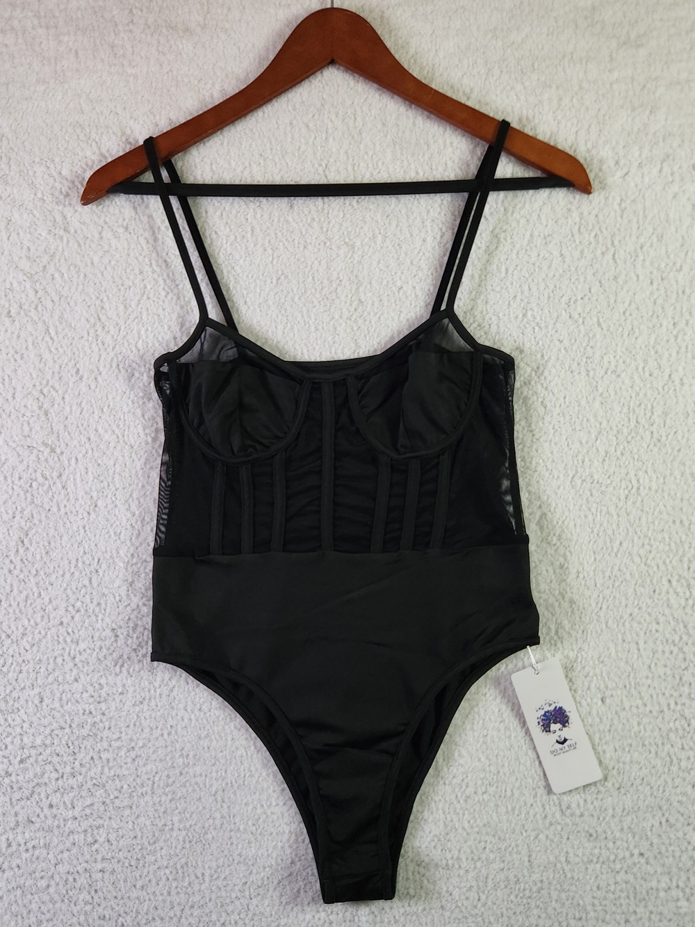 Black Sheer Mesh Bodysuit with Underwire Support - Women